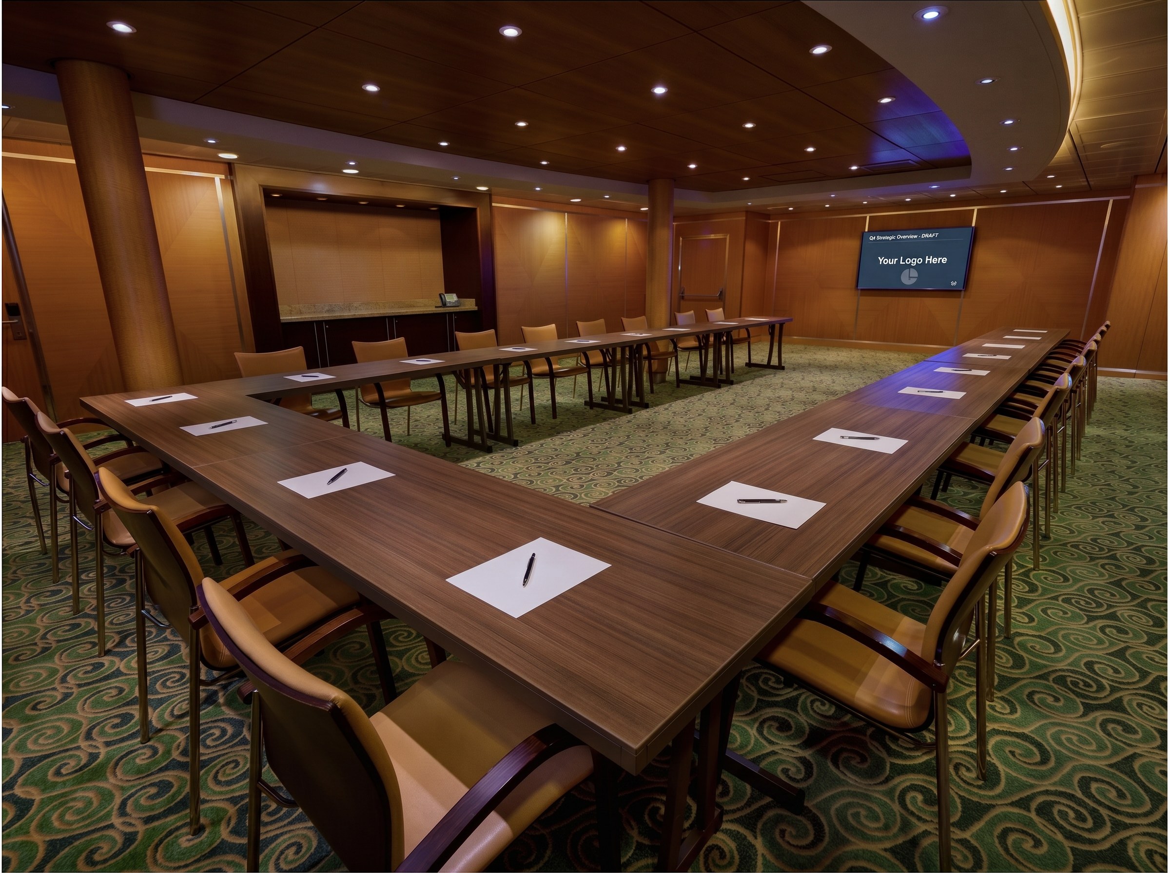 Conference room configured Classroom-style — U-shape table with notepads