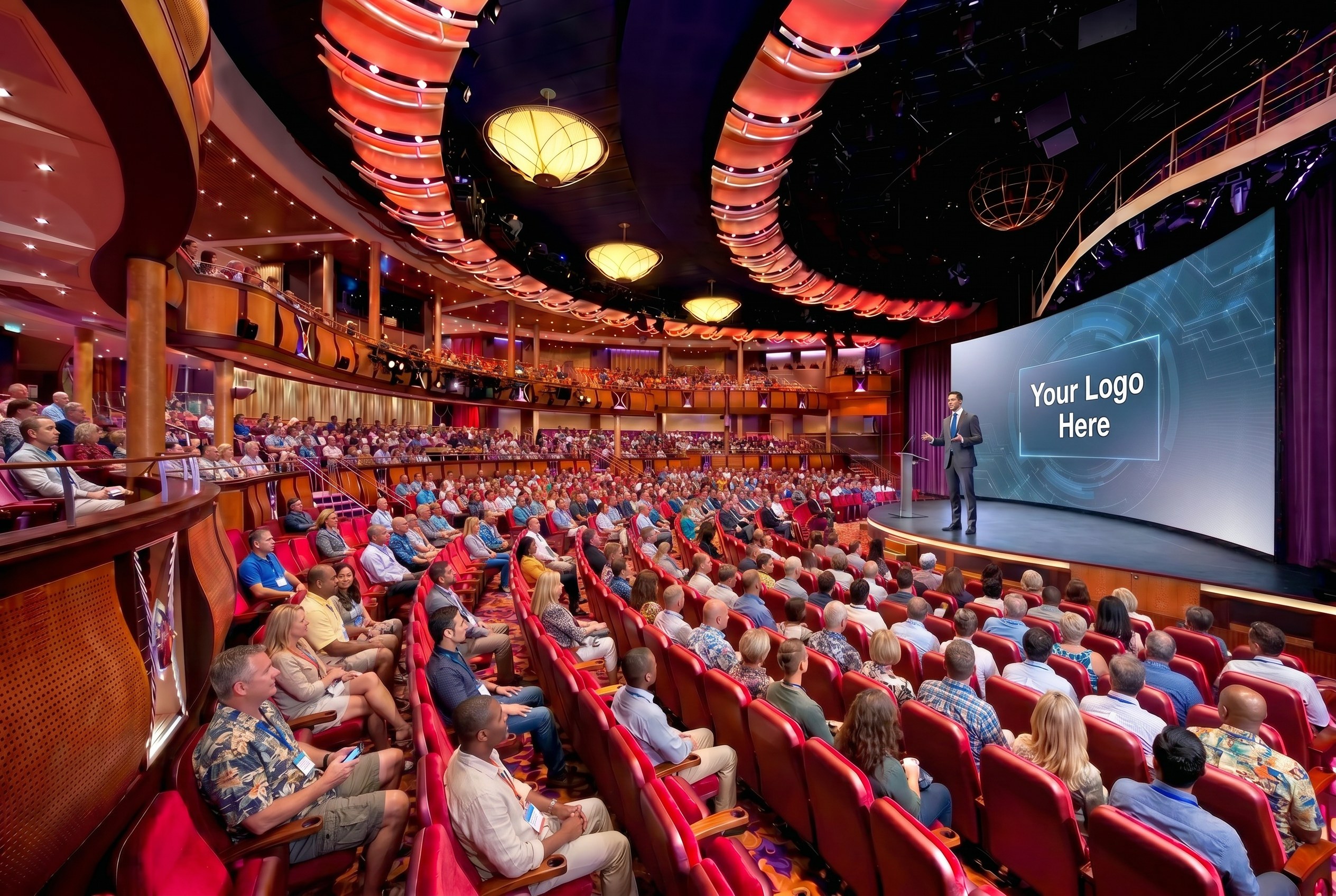 Royal Theater filled with audience, presenter on stage, 'Your Logo Here' on the curved LED backdrop