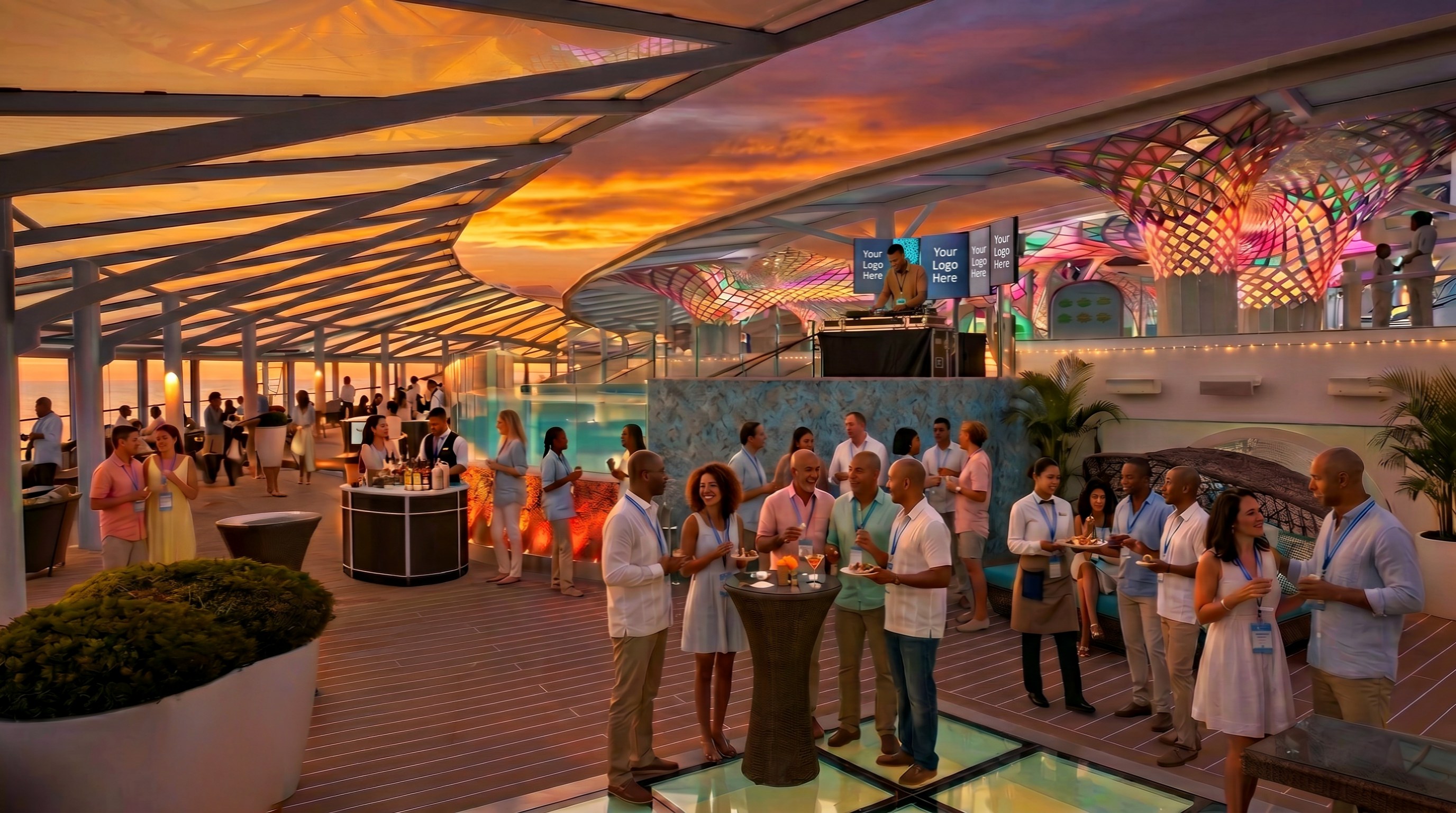 Solarium sunset cocktail hour with attendees networking and DJ booth showing 'Your Logo Here'